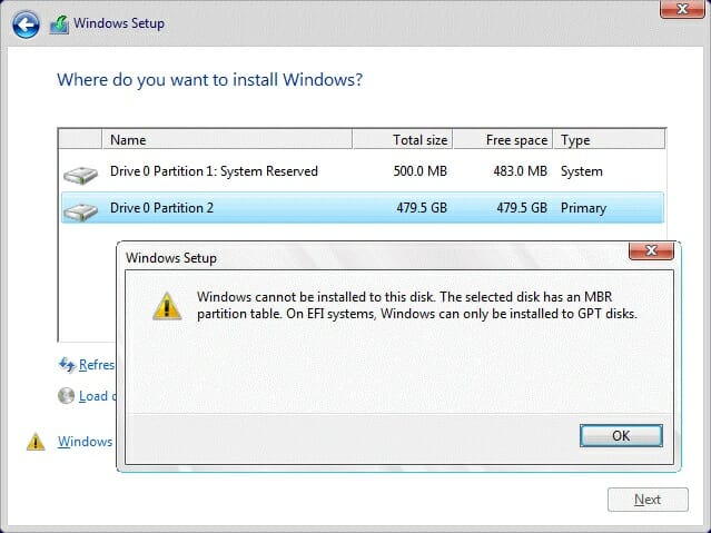 Fix Windows Cannot Be Installed On This Disk The Selected Disk Has An Mbr Partition Table Techdim