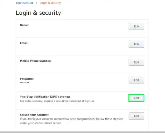 Select Edit next to Two-Step Verification (2SV) Settings
